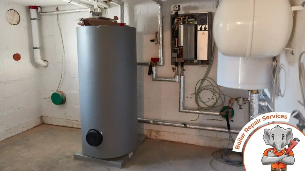 Boiler Room in the Basement with Boiler Repair and Heat Pump